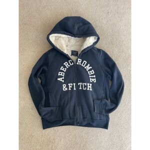 Vintage Abercrombie Fitch Womens Navy Blue Sherpa Lined Zip Up Hoodie Size L